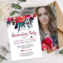 Blommigt Red Navy bouquet PHOTO studentfest Inbjudningar