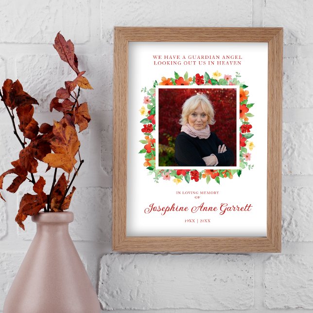 Blommigt Red & Orange Shades Poster Photo Memorial (Photo Remembrance Wedding Dear Ones Red and Orange Shades Floral Wreath Poster for Memorial.)