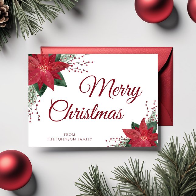 Blommigt Red Poinsettia God jul Hälsning Vykort (Floral Red Poinsettia Merry Christmas Greetings Postcard)
