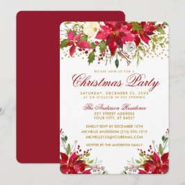 Blommigt Red Poinsettia Guld Glitter jul Party Inbjudningar