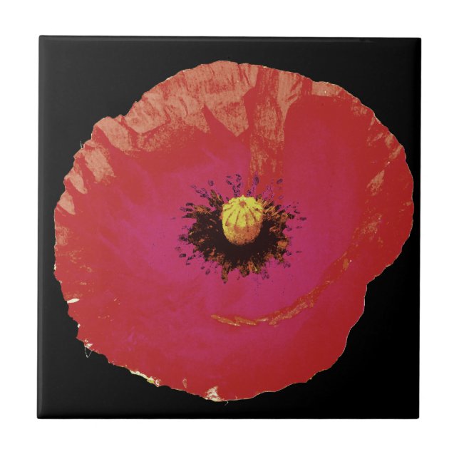 Blommigt Red Poppy Flower Black Colordern Modern Kakelplatta (Framsidan)