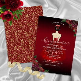 Blommigt Red Princess Guld Birthday Quinceañera Inbjudningar