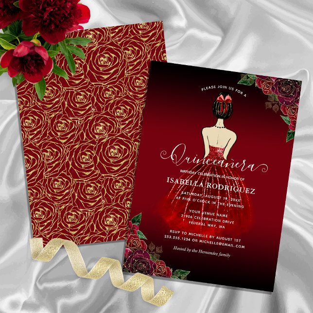 Blommigt Red Princess Guld Birthday Quinceañera Inbjudningar (Floral Red Princess Gold Birthday Quinceañera Invitation)