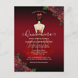 Blommigt Red Princess Guld Birthday Quinceañera Vykort