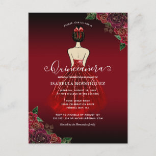Blommigt Red Princess Guld Birthday Quinceañera Vykort