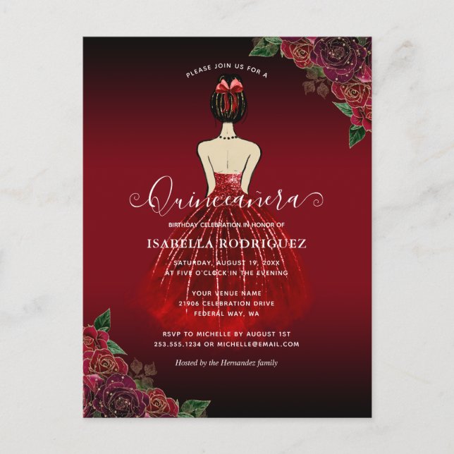 Blommigt Red Princess Guld Birthday Quinceañera Vykort (Framsida)