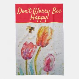 Blommigt Red Rosa Tulip Oroa dig inte Bee Lycklig  Kökshandduk