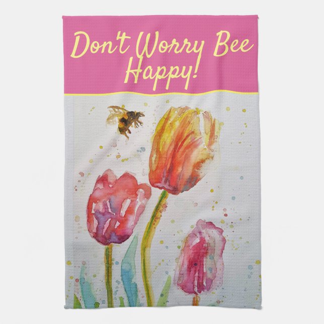 Blommigt Red Rosa Tulip Oroa dig inte Bee Lycklig  Kökshandduk (Vertikal)