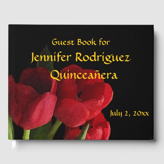 Blommigt Red Tulip Flowers Quinceañera Guest Bok (Framsida)
