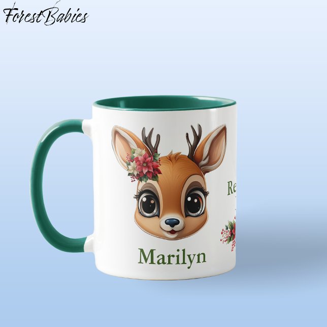 Blommigt Reindeer Kärlek, Poinsettia Hjort, Fawn,  Mugg (Custom Deer, Floral Fawn, Doe Antler, Reindeer Love Poinsettia Flowers Green ForestBabies Mug 🦌🎄)