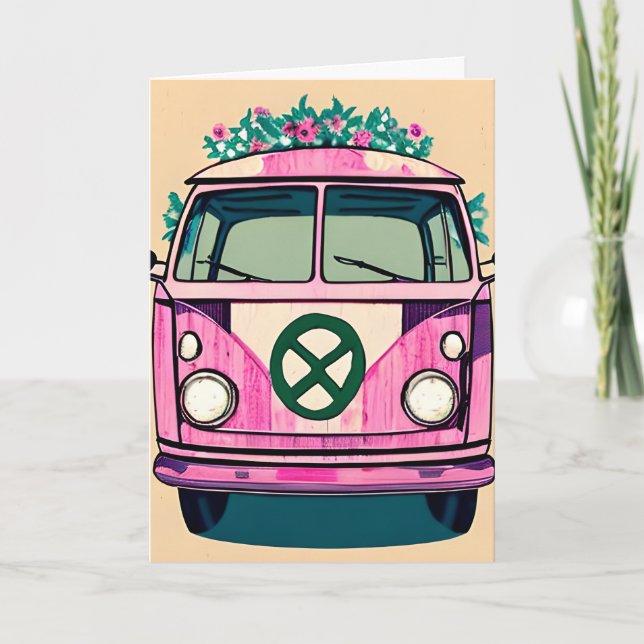 Blommigt Retro 1970's Van | Groovy Birthday Kort (Framsida)