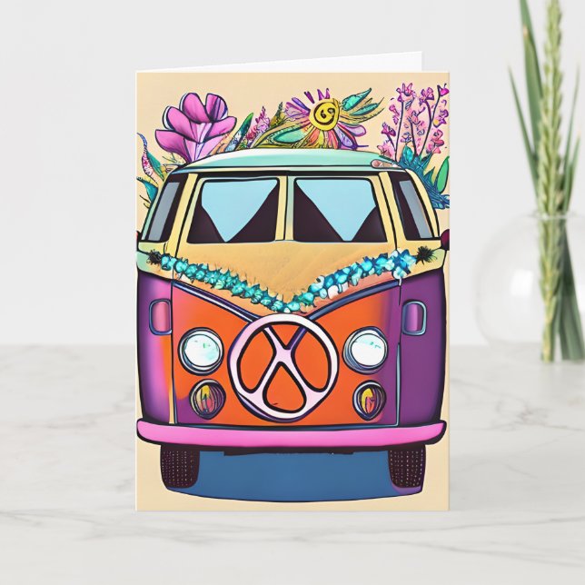Blommigt Retro 1970's Van | Groovy Birthday Kort (Framsida)