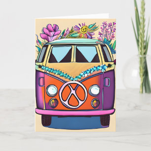 Blommigt Retro 1970's Van   Groovy Birthday Kort