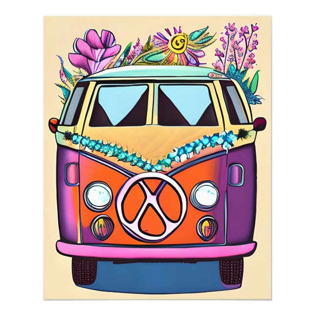 Blommigt Retro Hippie Van Vintage Art Fototryck (Framsidan)