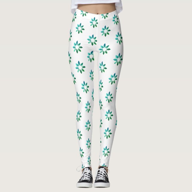 Blommigt Retro Mönster Grönt White Leggings (Framsida)