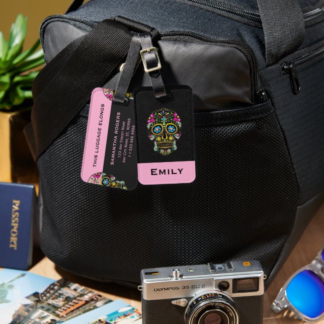 Blommigt Retro Sugar Skull Bagagebricka (Fram & Baksida)