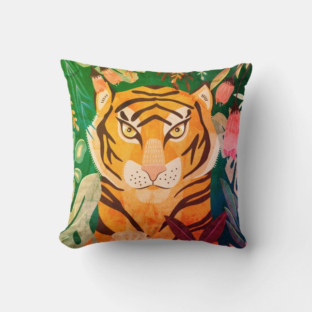 Blommigt Retro Tiger Pillow Kudde (Framsida)