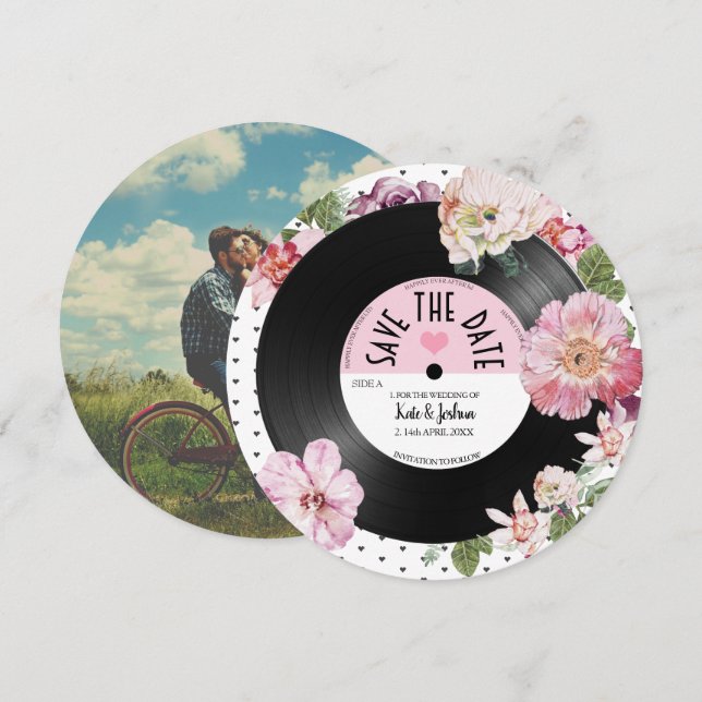 Blommigt retroVinylpost Foto Spara datum Inv. Inbjudningar (Fram/baksida)