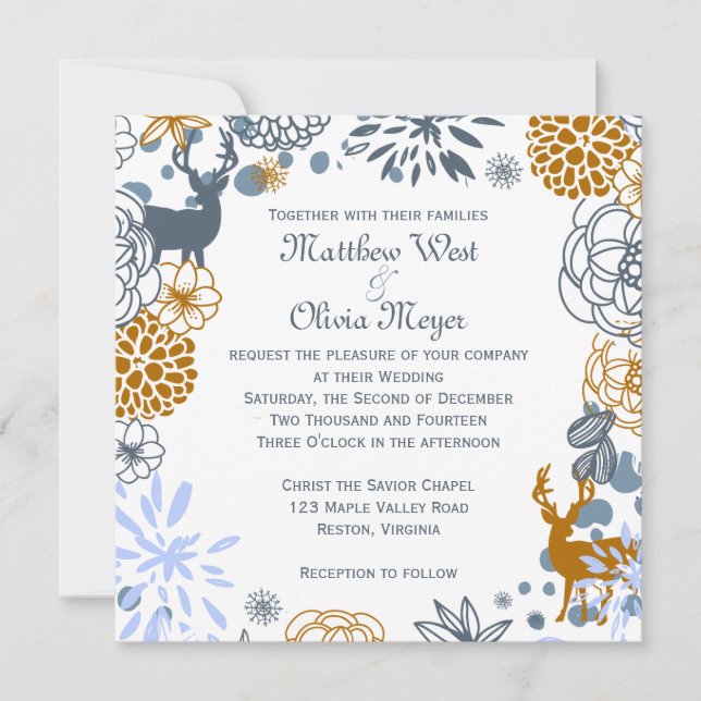 Blommigt Rindeer Winter Wedding bjudande Inbjudningar (Framsida)