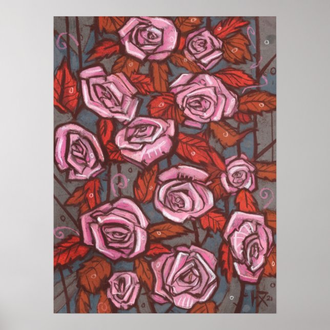 Blommigt Ro   Art Rustic Flowers Rosa Orange Poster (Framsidan)