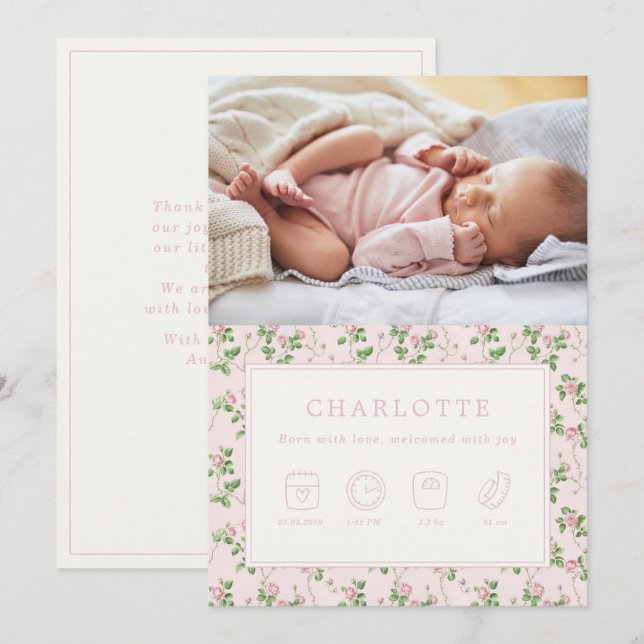 Blommigt Ro Baby födelsekort för foto Inbjudningar (Fram/baksida)
