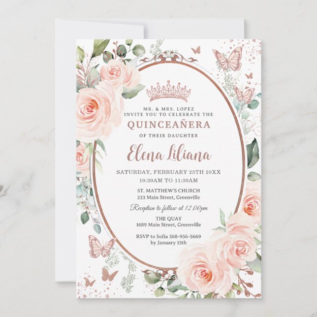  Blommigt Ro Butterflies Quinceañera Inbjudningar (Framsida)