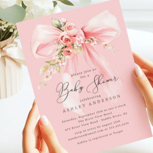 Blommigt Ro Coquette Bow Baby Shower Inbjudningar
