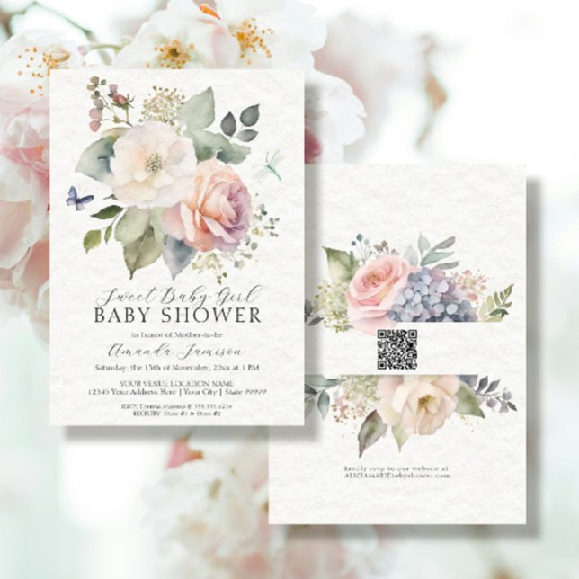 Blommigt Ro Garden Bouquet QR Flicka Inbjudningar (Skapare uppladdad)