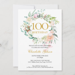 Blommigt Ro Garland Monogram 100 födelsedagar Inbjudningar
