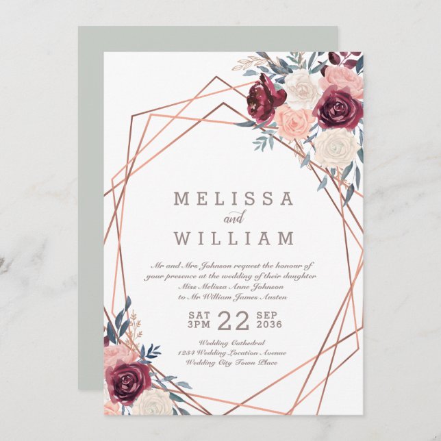 Blommigt Ro Geometric Burgundy Ivory Bröllop Inbjudningar (Fram/baksida)