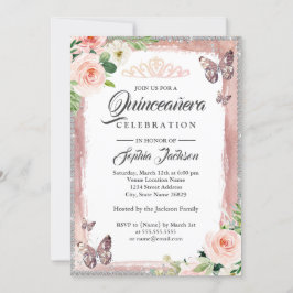Blommigt Ro Guld Butterfly Gnistra Quinceanera Inbjudningar