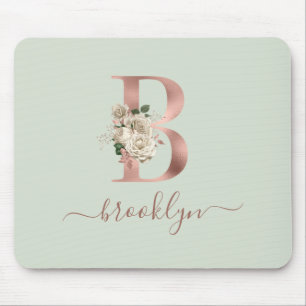 Blommigt Ro Guld Monogram Brev ’B’ Sage Grönt Musmatta