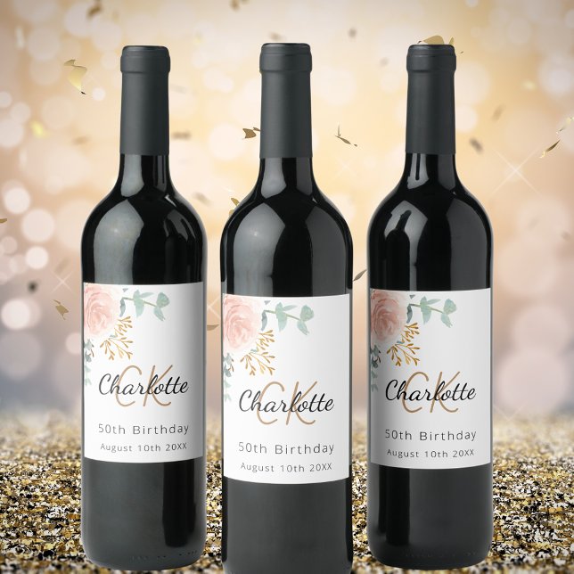 Blommigt ro guld monogram födelsedagsfest vinflaska etikett (Skapare uppladdad)