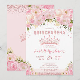  Blommigt Ro Guld Rosa Glitter Quinceanera Inbjudningar