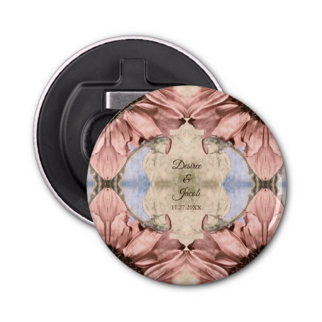 Blommigt Ro Guld  Rosa Watercolor Bröllop Flasköppnare (Framsidan)