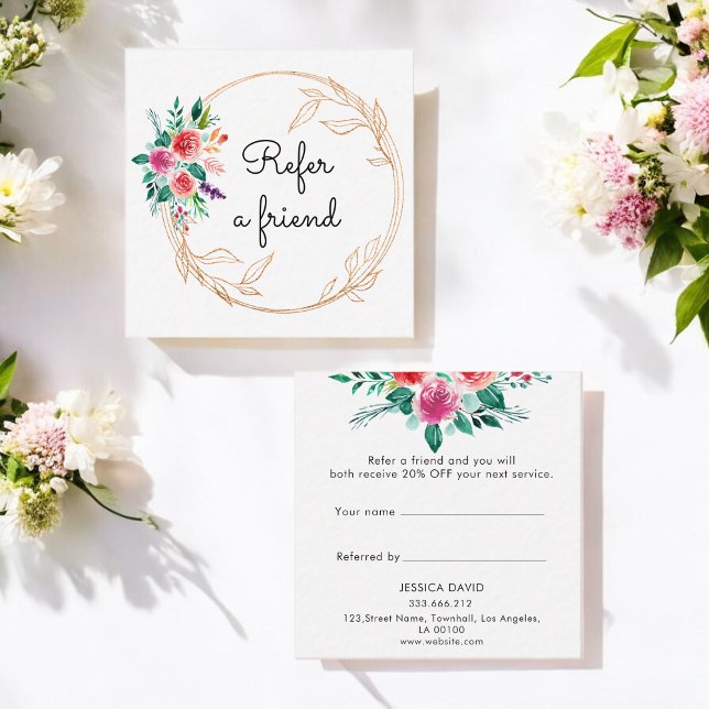 Blommigt Ro Guld Rosa Watercolor Flowers White Rabattkort (Skapare uppladdad)