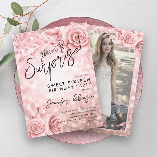 Blommigt Ro Ljus Guld FotoöverraskningsSverige 16 Inbjudningar (Floral Rose Gold Lights Photo Surprise Sweet 16 Invitation)