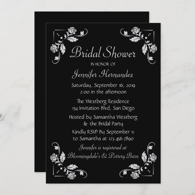 Blommigt Ro Möhippa Black & Grått Bröllop Inbjudningar (Fram/baksida)