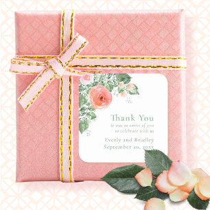 Blommigt Ro Monogram Grönt Coral Rosa Bröllop Fyrkantigt Klistermärke