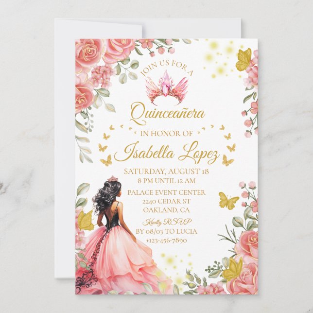 Blommigt Ro Princess Quinceanera Birthday Inbjudningar (Framsida)