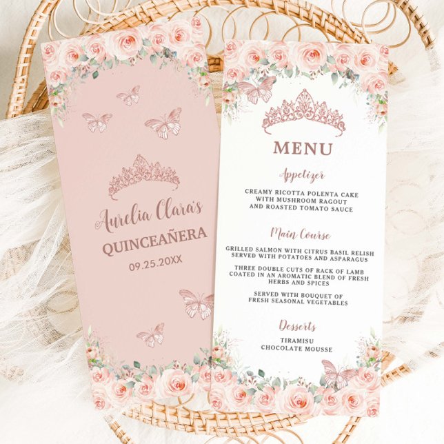  Blommigt Ro Quinceanera Birthday Menu Program (Skapare uppladdad)