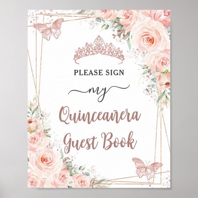  Blommigt Ro Quinceanera Guest Bok Poster (Framsidan)