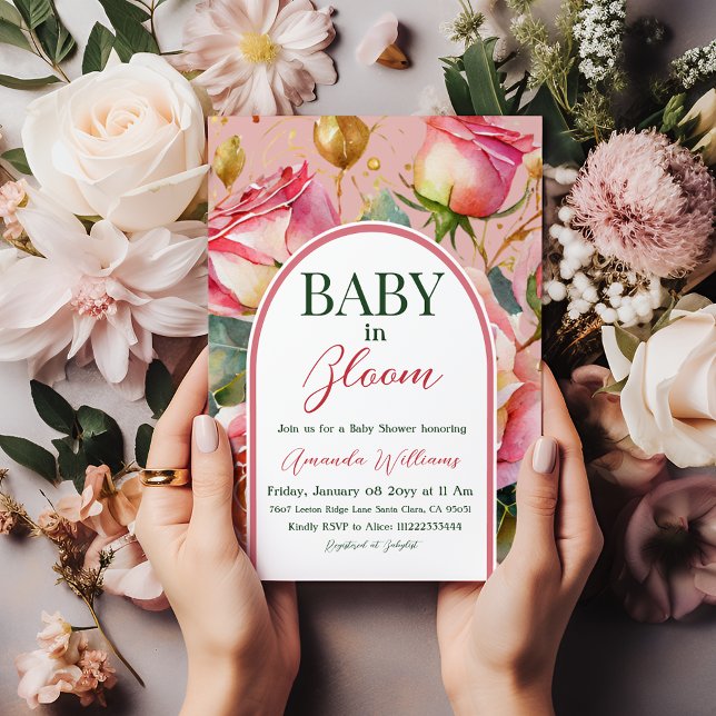 Blommigt Ro Rosa Baby i Bloom Girl Baby Shower Inbjudningar (Skapare uppladdad)