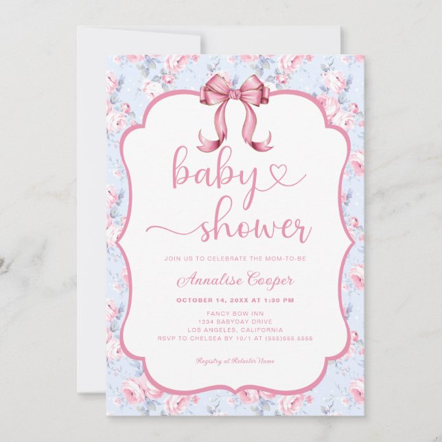 Blommigt Ro Rosa Bow Baby Shower-inbjudan Inbjudningar (Framsida)