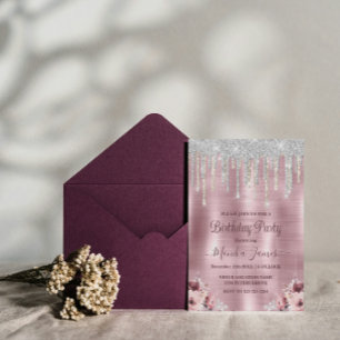 Blommigt Ro Rosa Glitter Drivrutiner födelsedag v Inbjudningar