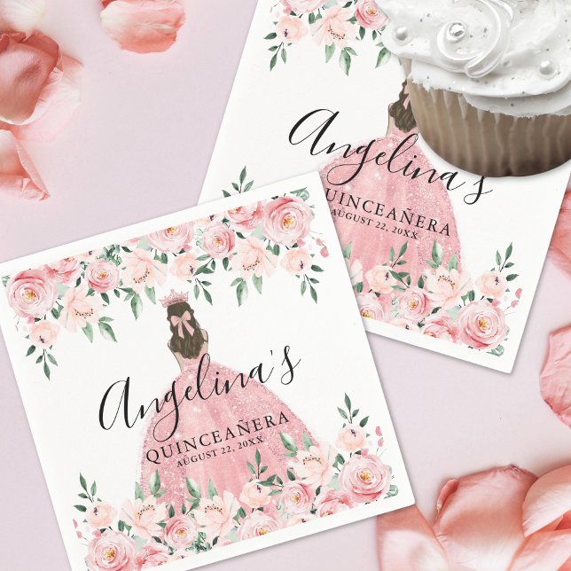 Blommigt Ro  Rosa Quinceanera Pappersservett (Floral Roses Blush Pink Quinceanera Napkins)