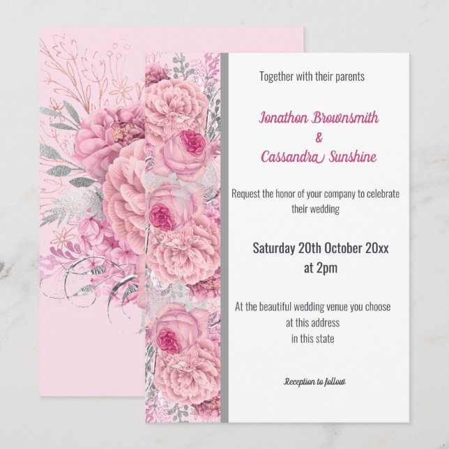 BLOMMIGT RO ROSA SILVER TRIM WHITE BRÖLLOP INBJUDNINGAR (Fram/baksida)