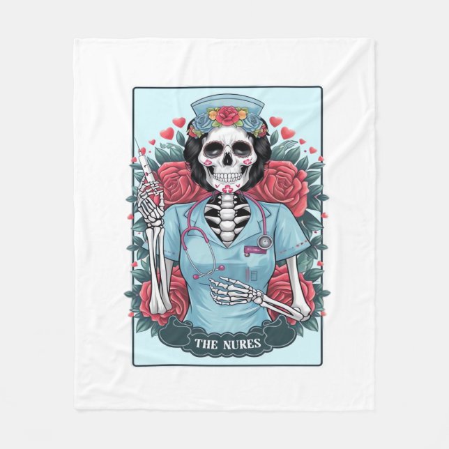 Blommigt Ro Skeleton Nurse Tarot Card Halloween Es Fleecefilt (Framsidan)
