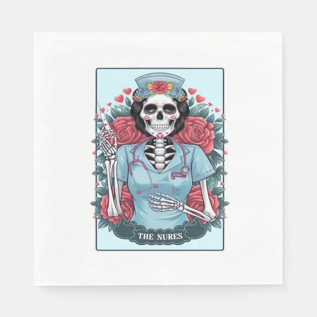 Blommigt Ro Skeleton Nurse Tarot Card Halloween Es Pappersservett (Framsidan)