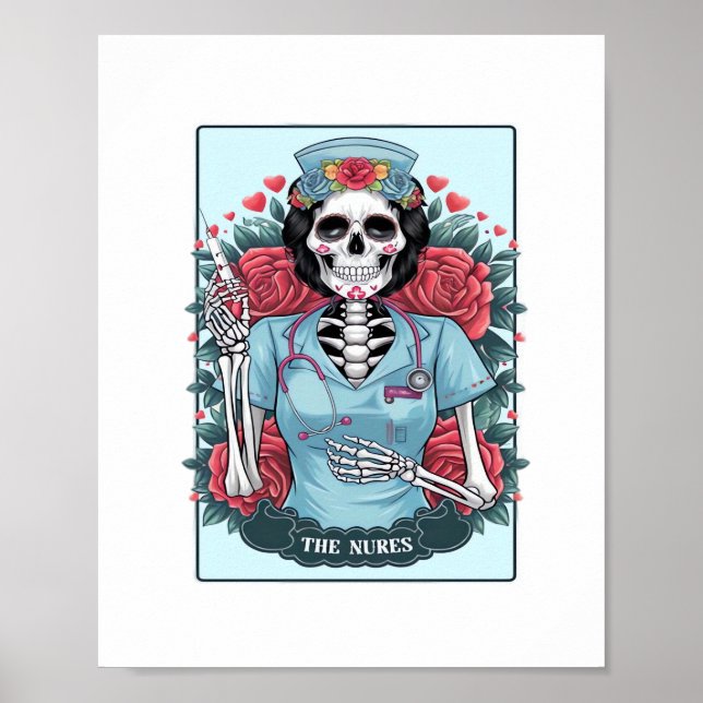 Blommigt Ro Skeleton Nurse Tarot Card Halloween Es Poster (Framsidan)